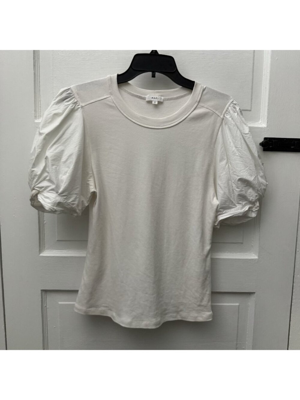 A.L.C. Kati Top Womens XL White Cotton Puff Sleeve Mixed Media T-Shirt